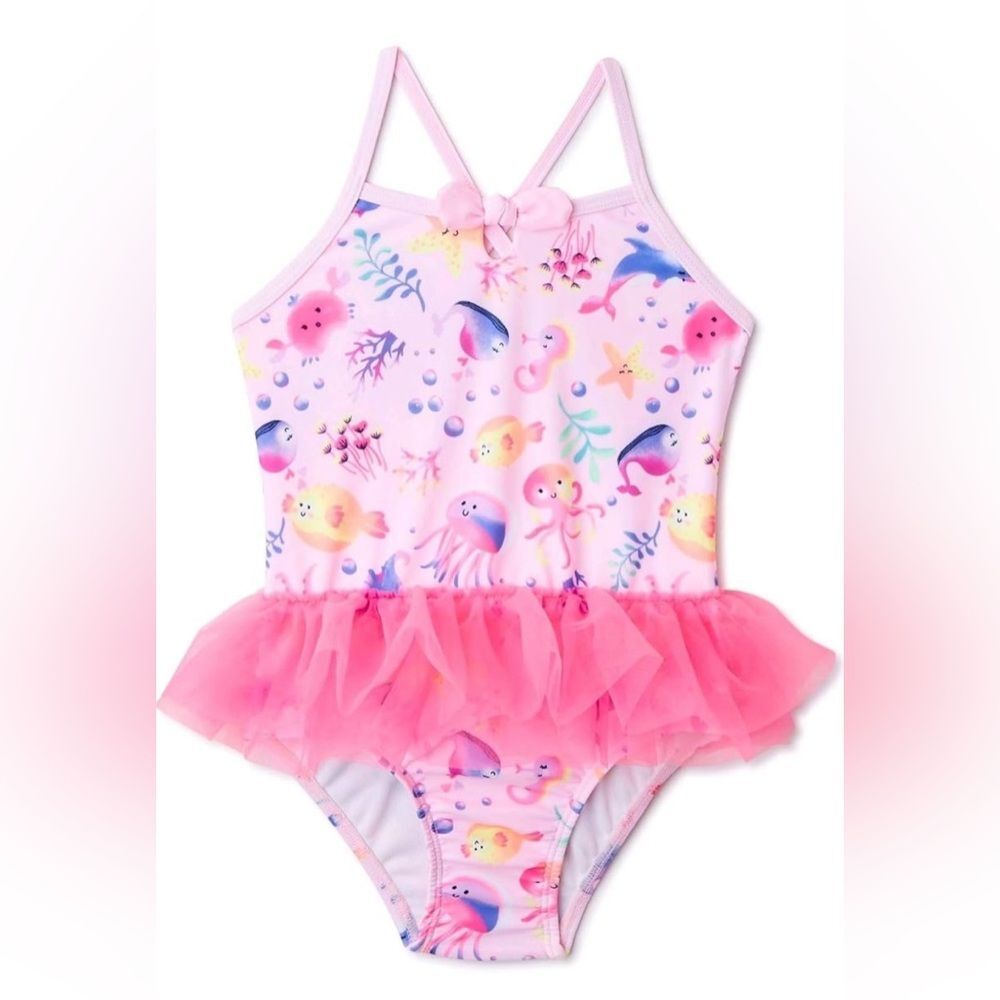 NWT Toddler Girl Wonder Nation Pink Sea Creatures Tutu 1pc  Swim Suit 2T